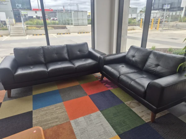 Leather couches 3+2 seater black used like new
