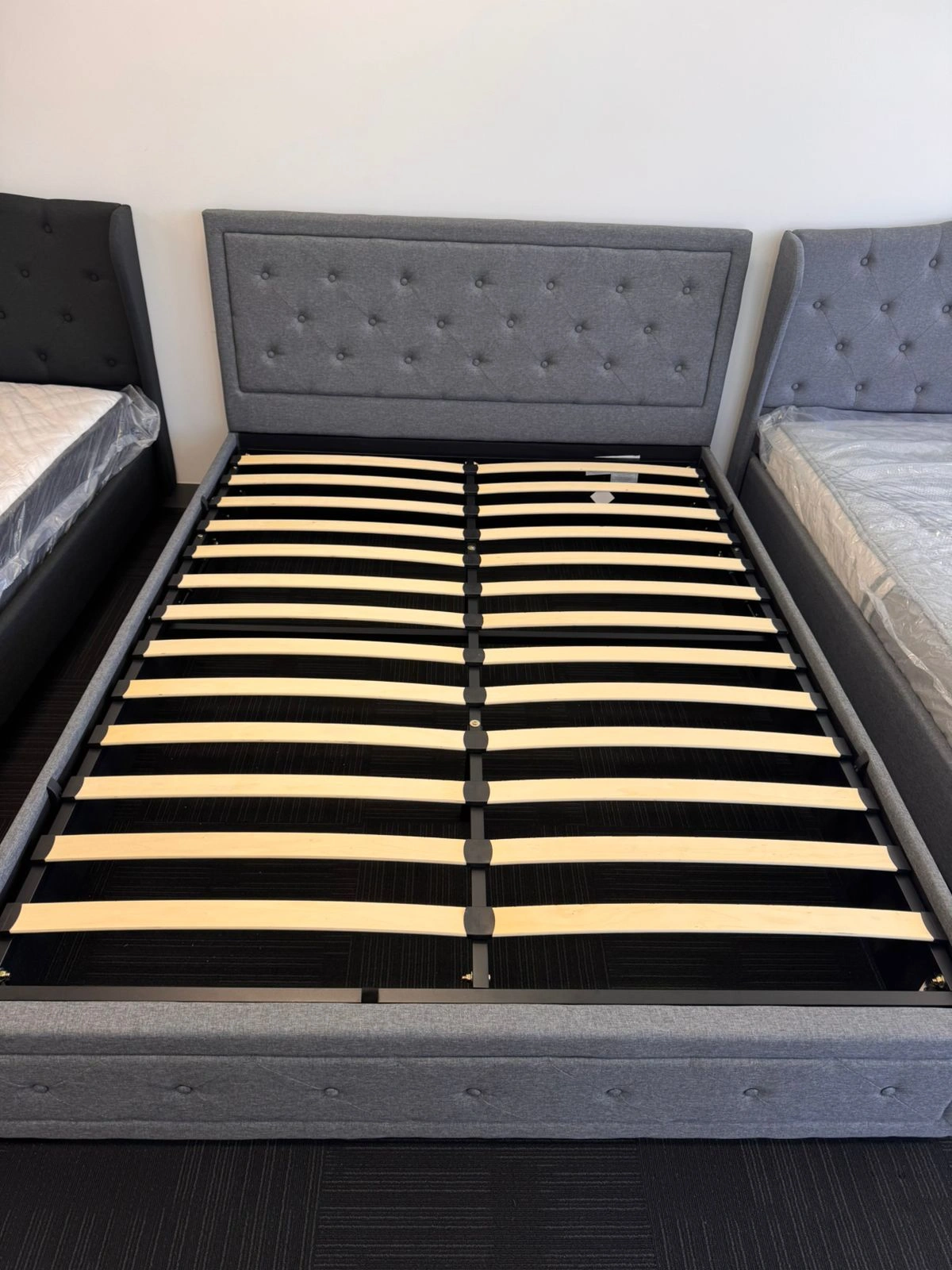 Queen Bed with Gas Lift Storage – Fabric Upholstery Grey Brand New