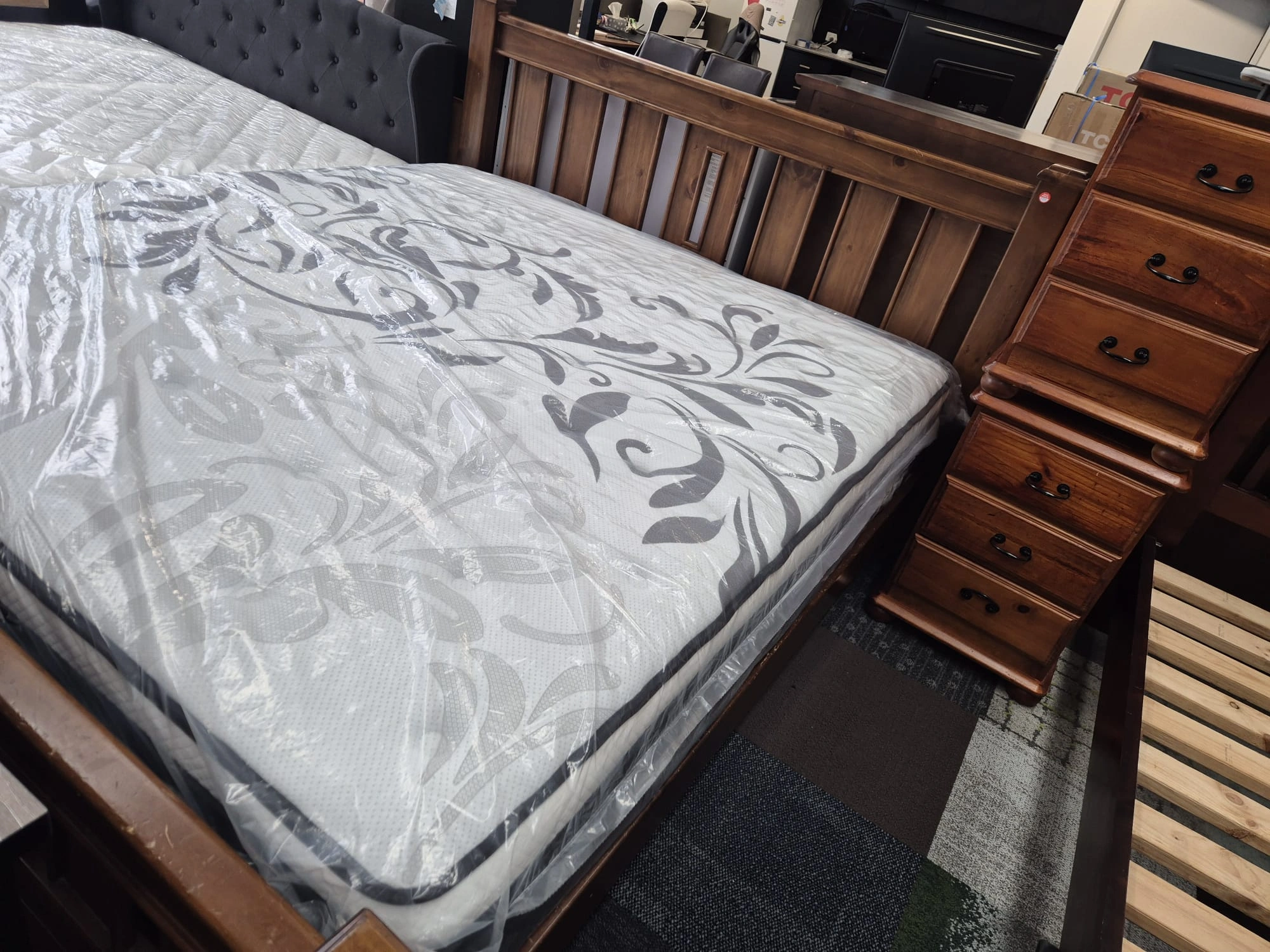 Solid Wooden King Bed with 2 Side Tables & New Mattress