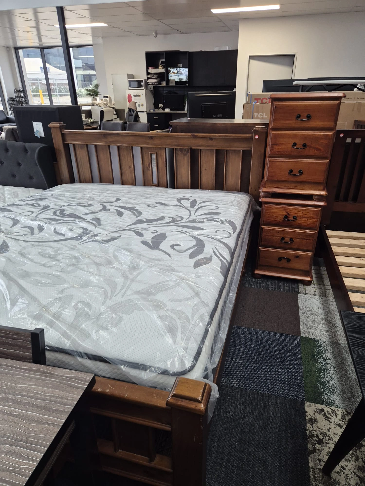 Solid Wooden King Bed with 2 Side Tables & New Mattress Complete Deal