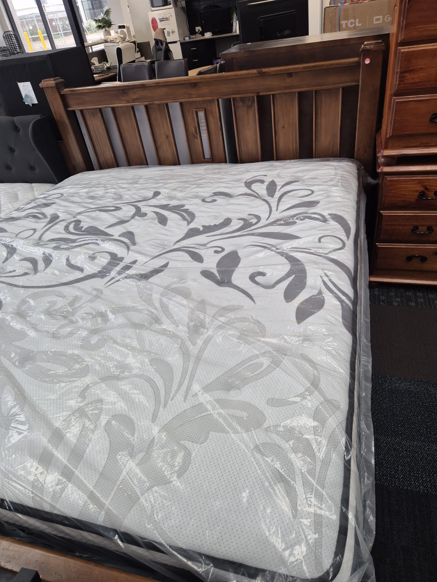 Solid Wooden King Bed with 2 Side Tables & New Mattress deal