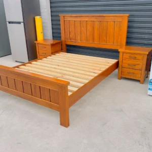 Queen Wooden Bed with Matching Side Tables Used Like New
