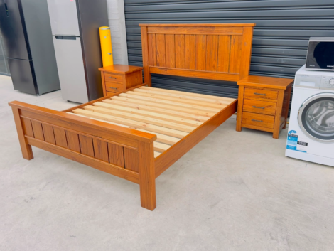Queen Wooden Bed with Matching Side Tables Used Like New